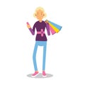 Young smiling fashionable blond girl standing with shopping bags cartoon character vector Illustration