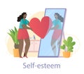 Young smiling female character is holding red heart with her mirror reflection on white background