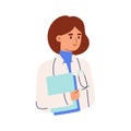 Young smiling female doctor in white coat with stethoscope. Health worker or therapist holding folder with medical