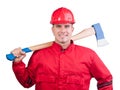 Young smiling fireman with hard hat and ax Royalty Free Stock Photo