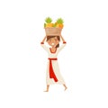 Young smiling girl carrying basket of fruit on her head. Balinese woman in traditional dress. Flat vector design