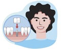 Young smiling girl after orthodontic therapy and dental implant, flat vector stock illustration with tooth, denture and character