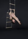 Young,smiling girl performs gymnastic exercises on a rope ladder. Royalty Free Stock Photo