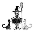 Young smiling girl in witch costume for halloween holiday masquerade with broom & cats Royalty Free Stock Photo