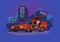 Young smiling guy sitting in futuristic race car on neon city background. Cyberpunk fantasy. Flat vector illustration