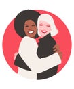 Young and smiling happy embracing women. Interracial friendship. Diversity