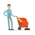 Young smiling janitor with washing machine cleaning and polishing floor vector Illustration Royalty Free Stock Photo
