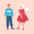 Young smiling male and female characters wearing baggy clothes to hide their fat on pink background