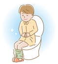 Smiling young man sitting on toilet seat. Health care concept