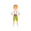 Young smiling man with camera. Cartoon character of tourist. Travel to Vietnam, Asia. Flat vector design