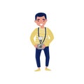 Young smiling man with camera in hand. Professional at work. Cartoon character of photojournalist. Flat vector design Royalty Free Stock Photo