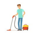 Young smiling man cleaning the floor with vacuum cleaner, house husband working at home vector Illustration Royalty Free Stock Photo