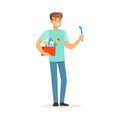 Young smiling man cleaning his home, house husband working at home vector Illustration