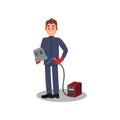 Young smiling man holding mask and torch of welding machine. Professional welder in working outfit. Flat vector design