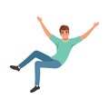 Young smiling man in jumping action with wide open arms. Cartoon guy character with happy face expression. Flat vector