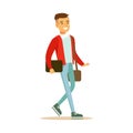 Young smiling man in a red jacket walking and holding a bag and a gadget in his hands. Student lifestyle colorful Royalty Free Stock Photo