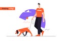 Young smiling man walking a dog on a leash. Flat style outline vector illustration. Editable stroke Royalty Free Stock Photo