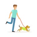 Young smiling man walking a dog vector Illustration Royalty Free Stock Photo