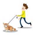 Young smiling man walking with the dog