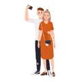 Young smiling man and woman standing together and taking selfie. Happy romantic couple photographing themselves isolated