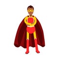 Young smiling masked man in a red superhero costume standing with folded arms Illustration