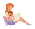 Young Smiling Mother and Her Little Baby Sitting and Reading Book Vector Illustration. Woman Spending Time with Her Kid Royalty Free Stock Photo