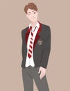 Young smiling student of college or school. Character teenager in suit, a jacket and tie. Happy teen boy in uniform