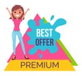 Happy young girl with raised up hands, best offer, premium, promotional banner for shops, discount