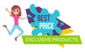 Young smiling stylish girl rejoice promo action, best price, exclusive products, promotional poster
