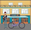 Young smiling woman with bicycle vector illustration. Happy pretty girl standing near bicycle in front of city cafe