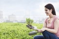 Young smiling woman gardening and holding a plant in a roof top garden in the city Royalty Free Stock Photo