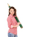 Young smiling woman with great green pencil Royalty Free Stock Photo