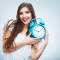 Young smiling woman hold watch. Beautiful smiling Royalty Free Stock Photo