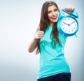 Young smiling woman hold watch. Beautiful smiling girl portrait Royalty Free Stock Photo