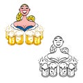 Young smiling woman holding mugs with beer - Illustration for Oktoberfest poster or greeting card. Isolated.