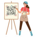 Young smiling woman holding paintbrush and palette. Girl artist draws a QR code on an easel. Work and study at home. The Royalty Free Stock Photo