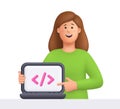 Young smiling woman Kate pointing to laptop computer with code symbol. Web development, programming language and coding Royalty Free Stock Photo