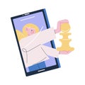 Young smiling woman playing chess online on smartphone