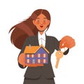 Young Smiling Woman Realtor Giving Real Estate and Key Vector Illustration