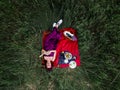 Young smiling woman relaxing outdoors and having a picnic, she is lying down on a blanket on the grass, top view. Royalty Free Stock Photo