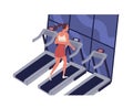 Young smiling woman running on treadmill at fitness center. Cute funny girl at daily morning jogging workout. Physical