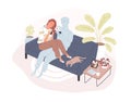 Young smiling woman sitting on comfy sofa with her virtual romantic partner, holding smartphone and sending love message