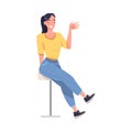 Young Smiling Woman Sitting on Stool and Waving Hand Vector Illustration Royalty Free Stock Photo