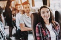 Young Smiling Woman Traveling on Tourist Bus Royalty Free Stock Photo