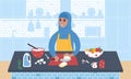 Young smiling woman wearing a hidjab preparing a meal. Flat style vector illustration.