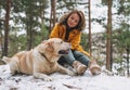 Young smiling woman in yellow jacket with big kind white dog Labrador walking in the winter forest Royalty Free Stock Photo