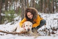 Young smiling woman in yellow jacket with big kind white dog Labrador walking in winter forest Royalty Free Stock Photo