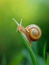 Young snail goes up the grass blade. Natural green background. For skin products. Vertical layout