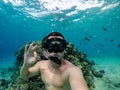 Young Snorkeling Man Taking Underwater Selfie In The Red Sea