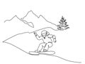 Young snowboarder man ride fast snowboard at snowy mountain.